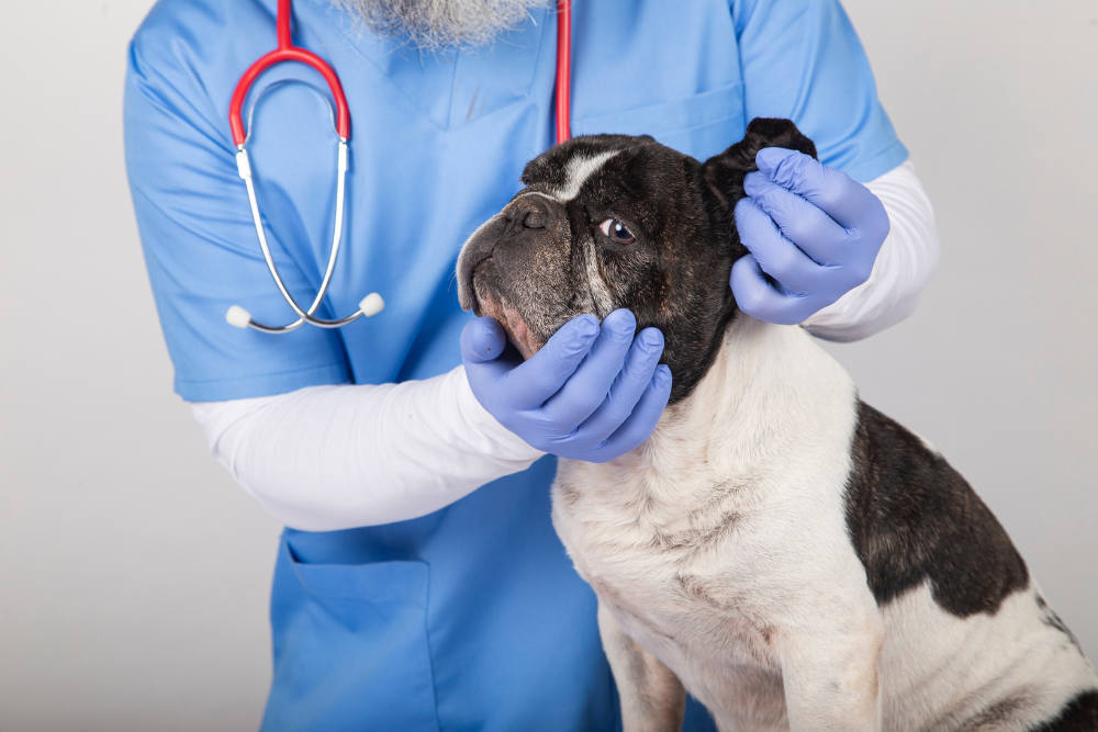 a person wearing blue gloves and a stethoscope holding a dog