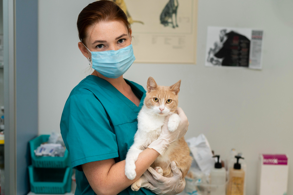 a person wearing a mask and gloves holding a cat