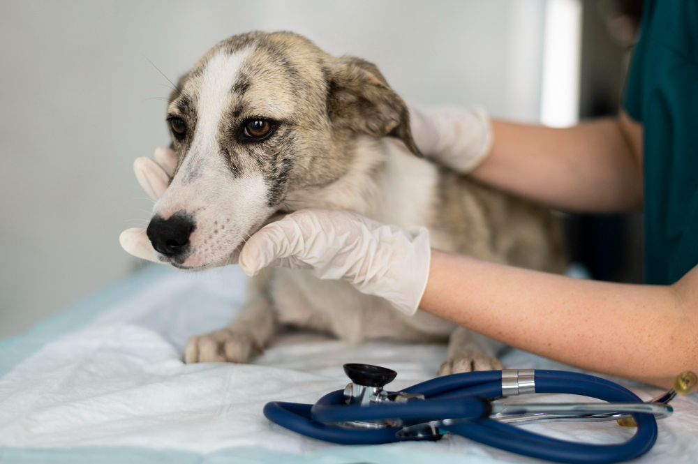 a dog being checked by a veterinarian