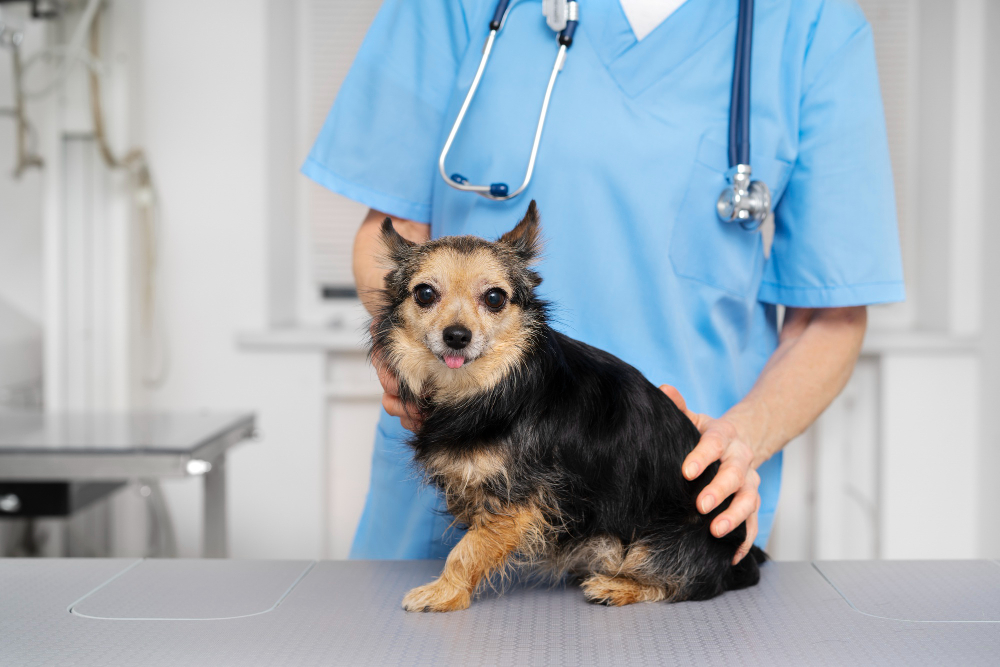 a dog being checked by a doctor